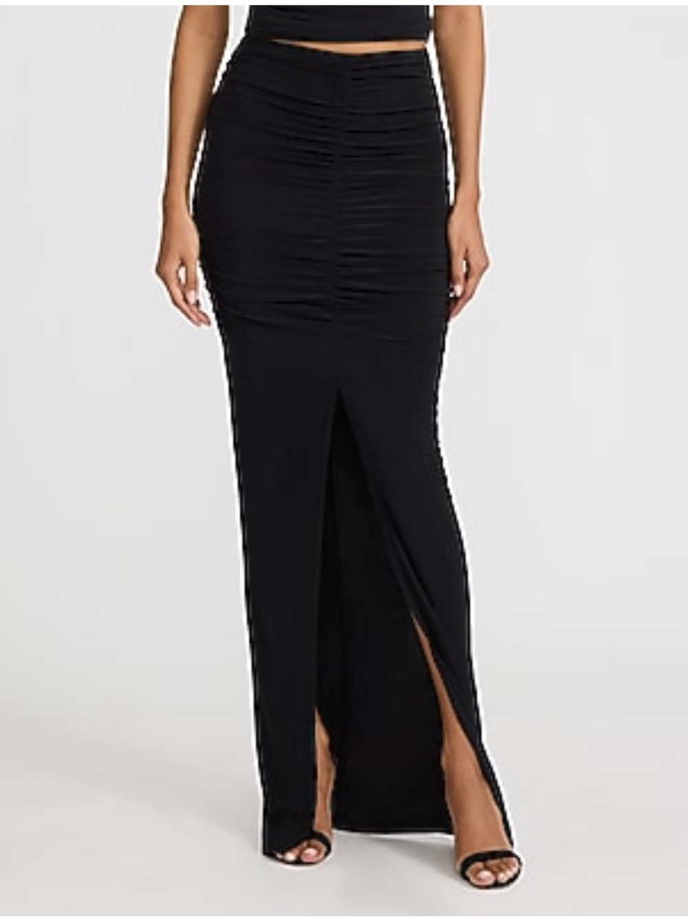 Express Black Ruched Maxi Skirt with Front Slit